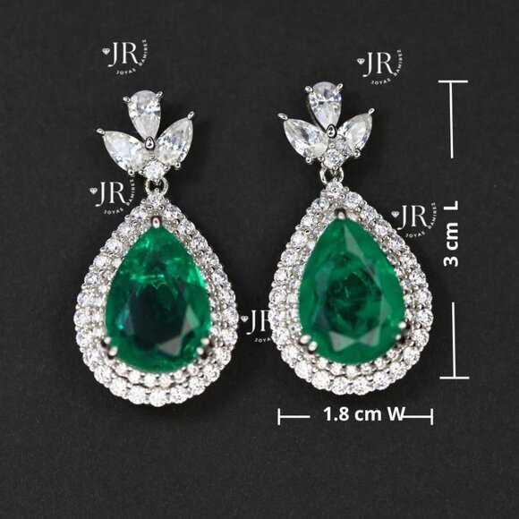 .925 Sterling Silver Teardrop Earrings with Emerald-Tone CZ and Clear CZ Halo. - Picture 5 of 6
